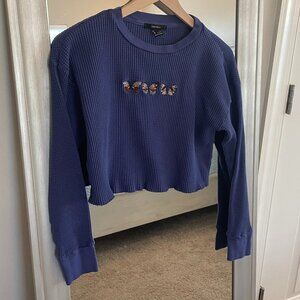 Forever 21 Women's Blue Butterfly Waffle Style Long Sleeve Crop Top Blouse S